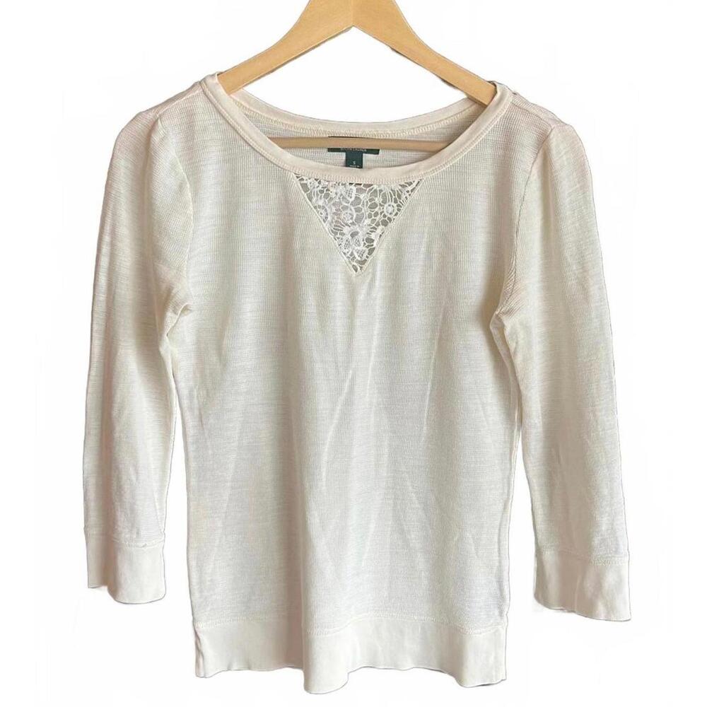 Lauren Ralph Lauren Top Size Small Beige Crochet Stretch 3/4 Sleeve Classic